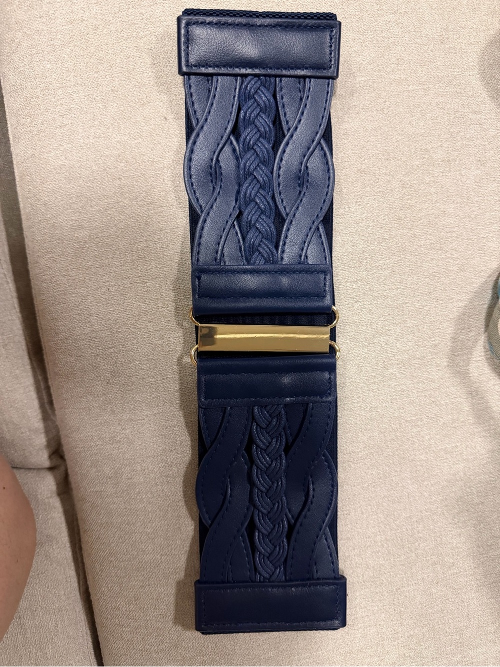 Women's Braided Navy Elastic Waist Belt with Gold Accent